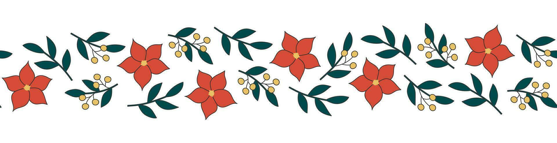 senza soluzione di continuità confine con poinsettia fiori e blu rami su bianca sfondo. bene per tessuto, sfondo, confezione, tessile, ragnatela design. vettore