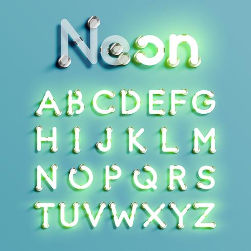 Set di caratteri al neon realistico, illustrazione vettoriale