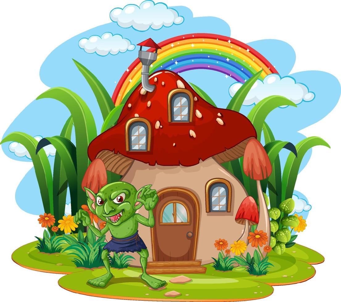 personaggio dei cartoni animati goblin con casa dei funghi vettore