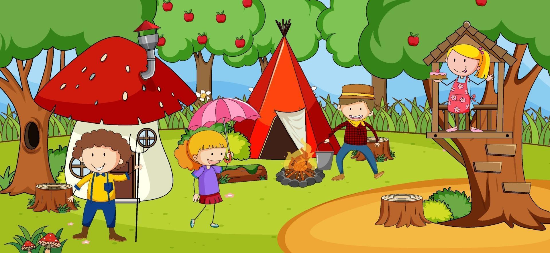 scena con molti bambini scarabocchiano il personaggio dei cartoni animati nel parco naturale vettore