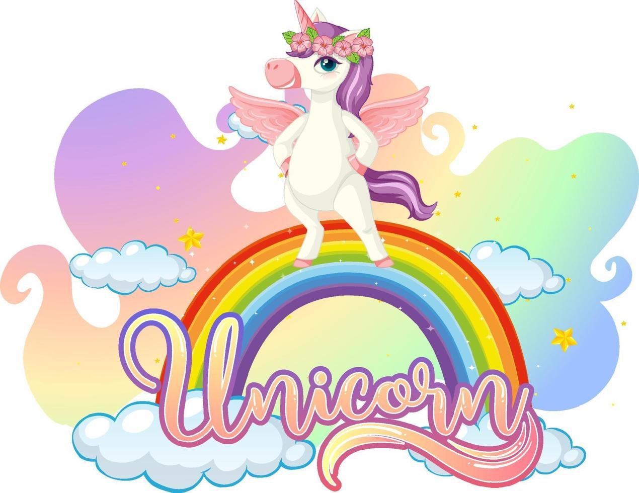 personaggio dei cartoni animati di unicorno in piedi sull'arcobaleno con carattere unicorno vettore