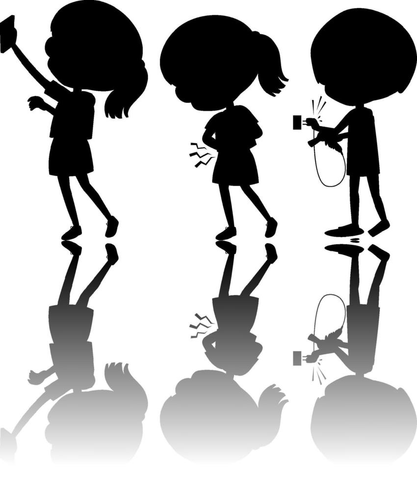 set di bambini silhouette con riflesso su sfondo bianco vettore
