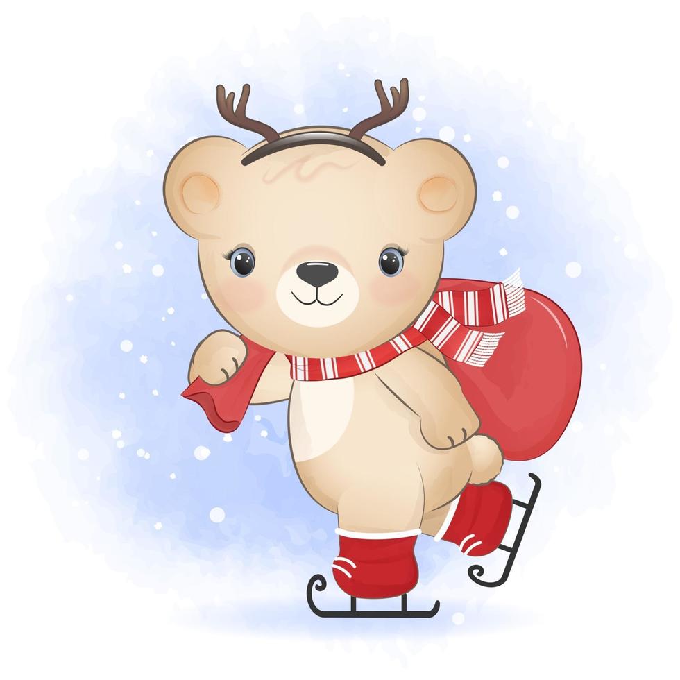 simpatico orsetto che tiene una borsa regalo sui pattini da ghiaccio, stagione natalizia vettore
