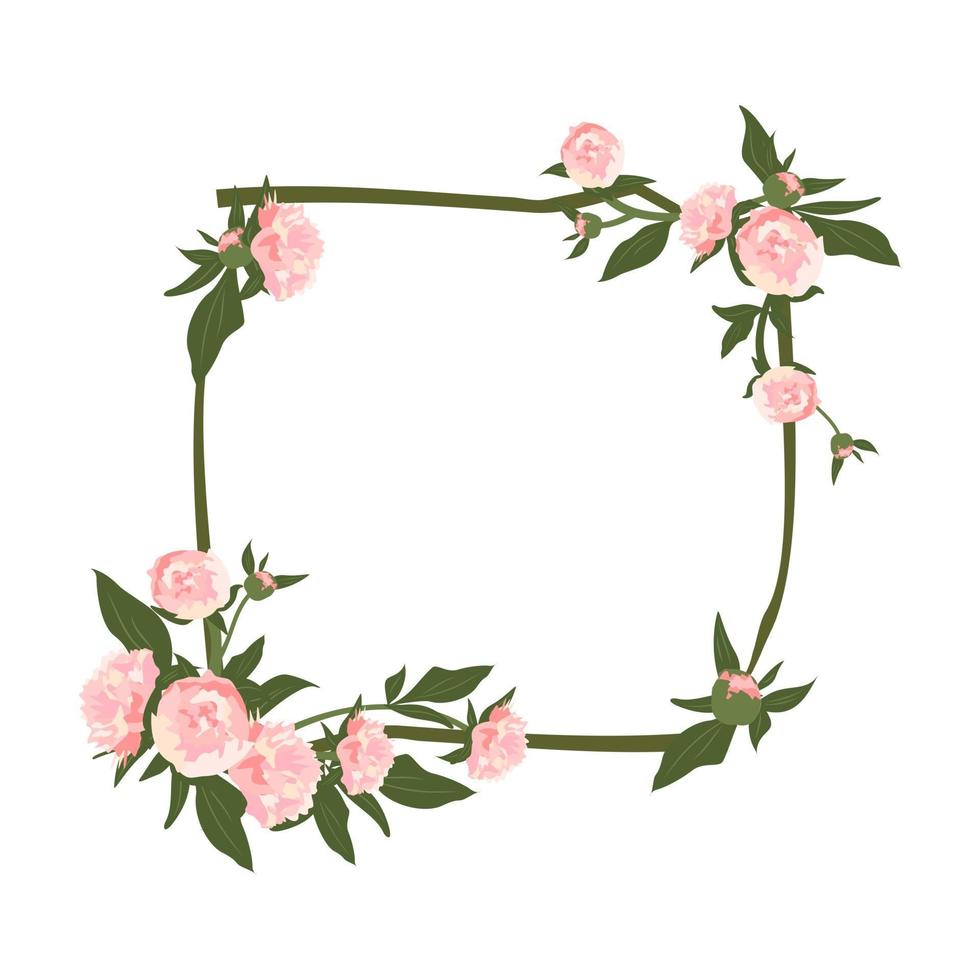 corona di peonie. cornice quadrata, graziosi fiori rosa e foglie e foglie vettore