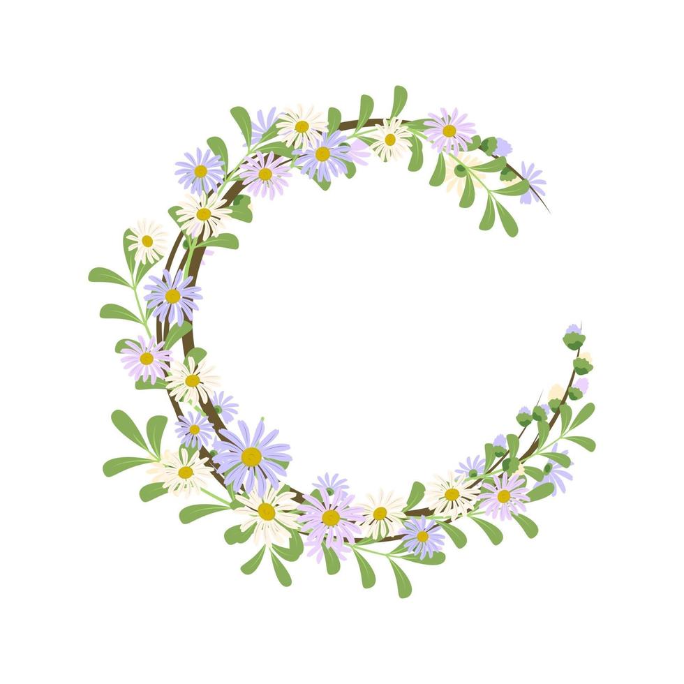 corona di margherite. cornice rotonda, simpatici fiori viola e bianchi camomilla vettore