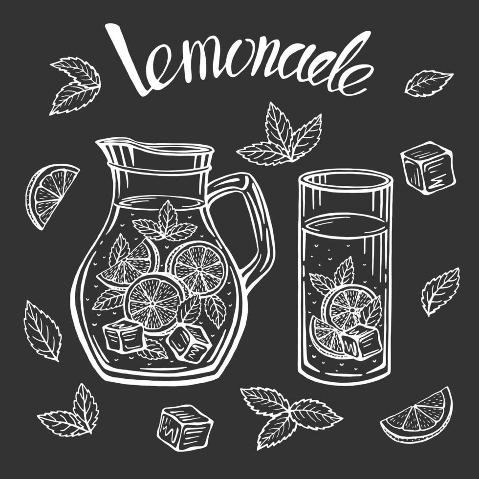 brocca di vetro disegnata a mano con limonata, illustrazione vettoriale estivo