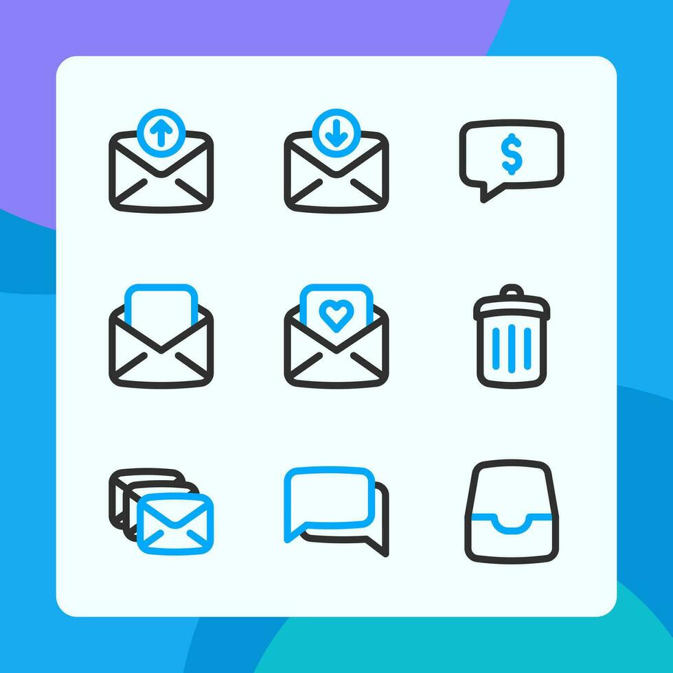 Messaggio icone vettore doppio tono stile, per ui UX disegno, sito web icone, interfaccia e attività commerciale. Compreso amore lettera, Messaggio, posta, Elimina, Chiacchierare, casella di posta, eccetera.