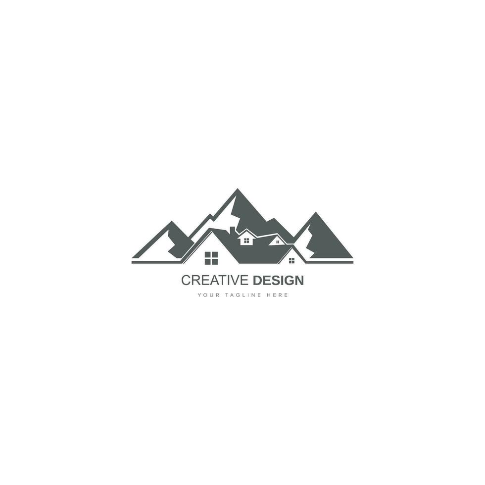 Casa cabina logo vettore montagna casetta illustrazione design tramonto all'aperto tetto residenza vero tenuta