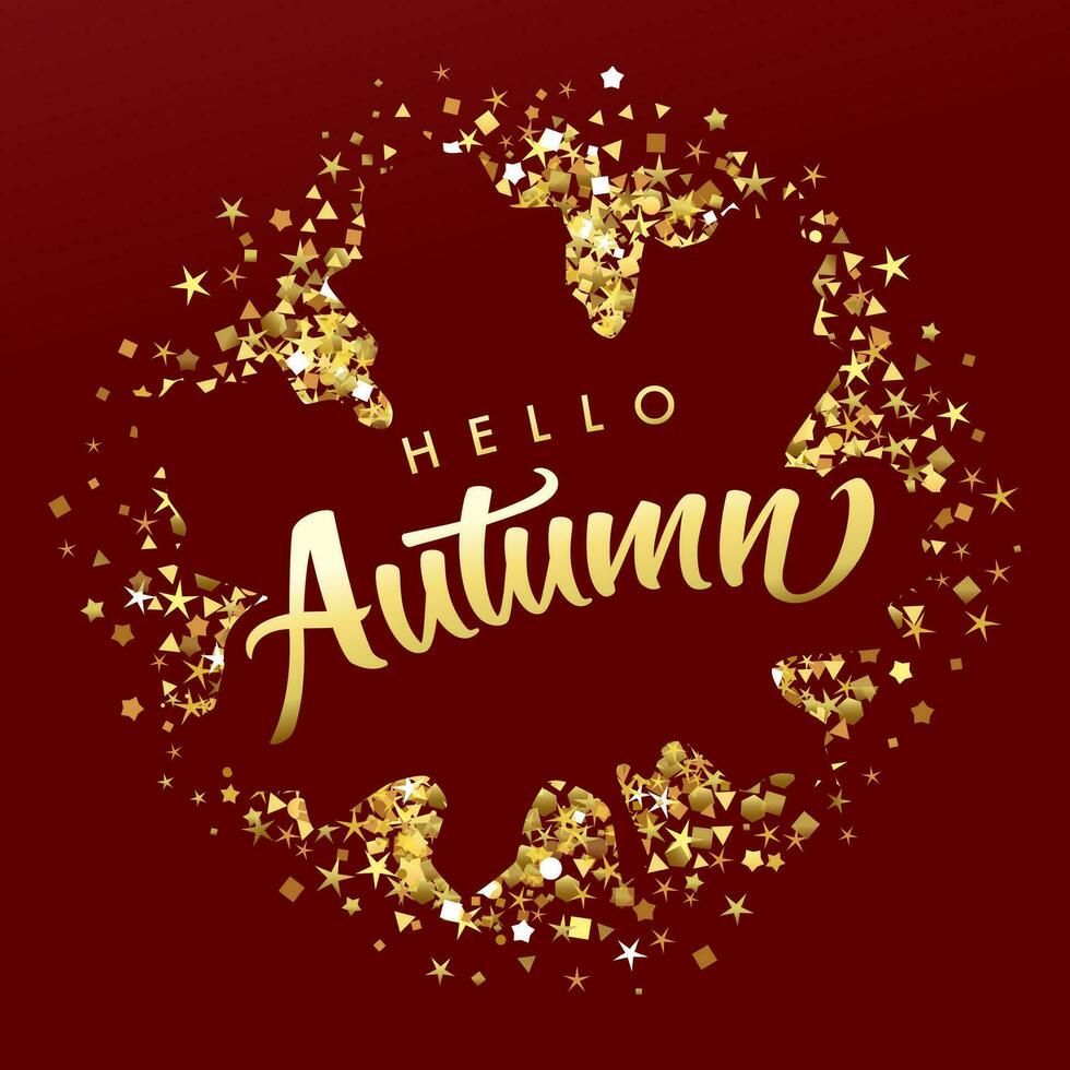 Ciao autunno cartello. creativo icona. luccicante d'oro telaio vettore