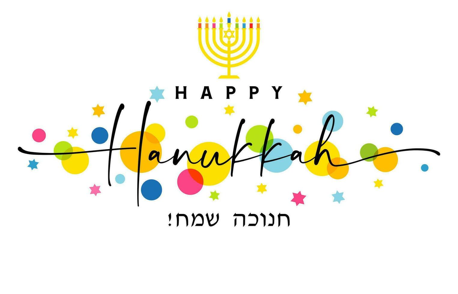 contento hanukkah elegante scritte, menorah e colorato stelle. ebraico testo - contento Hanukka, saluto carta design vettore