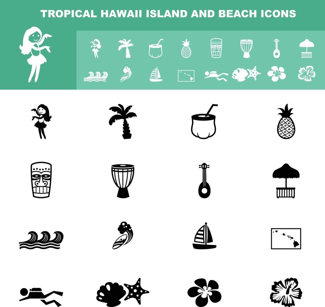 icone tropicali dell'isola e della spiaggia delle hawai vettore