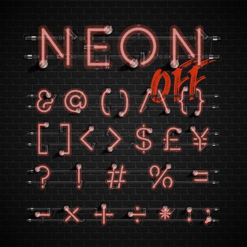 Alfabeto set di caratteri al neon dettagliate, illustrazione vettoriale