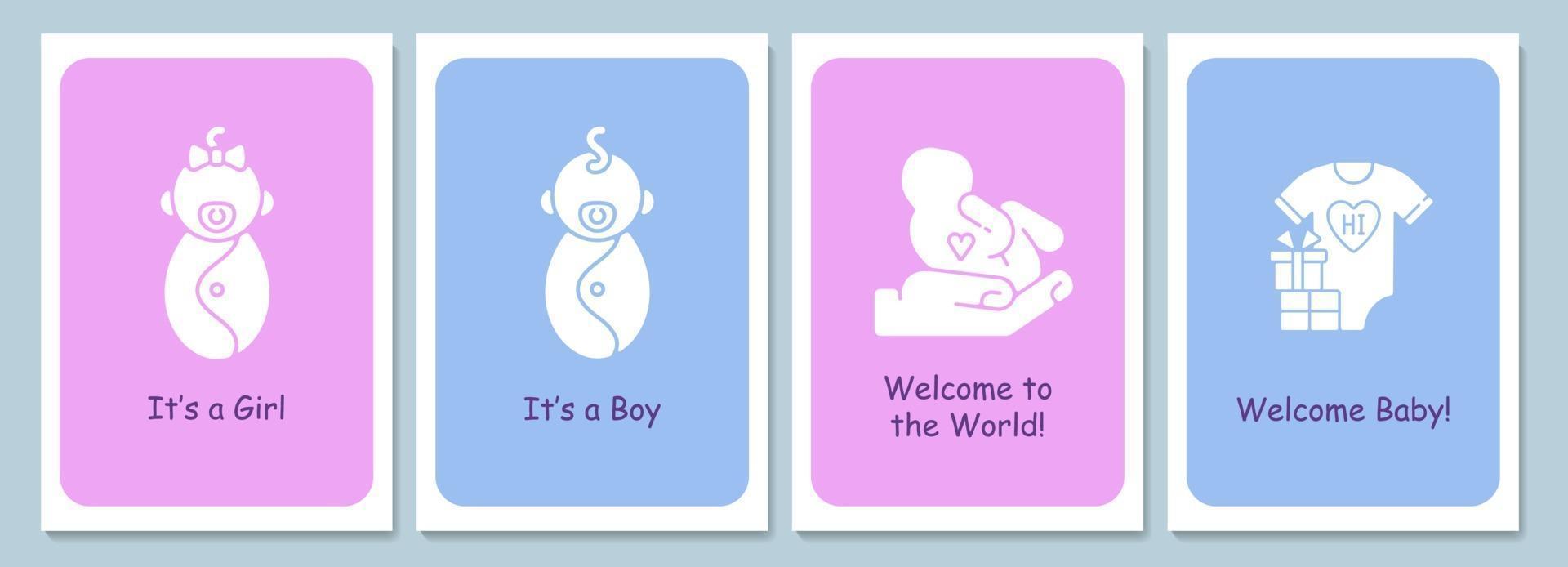 benvenuto neonato in biglietti di auguri di famiglia con set di elementi icona glifo vettore