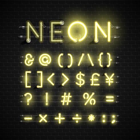 Alfabeto set di caratteri al neon dettagliate, illustrazione vettoriale