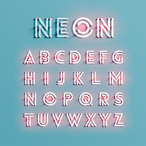 Set di caratteri al neon realistico, illustrazione vettoriale