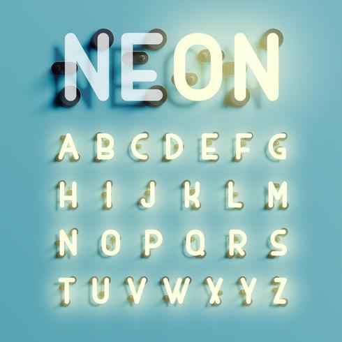 Set di caratteri al neon realistico, illustrazione vettoriale