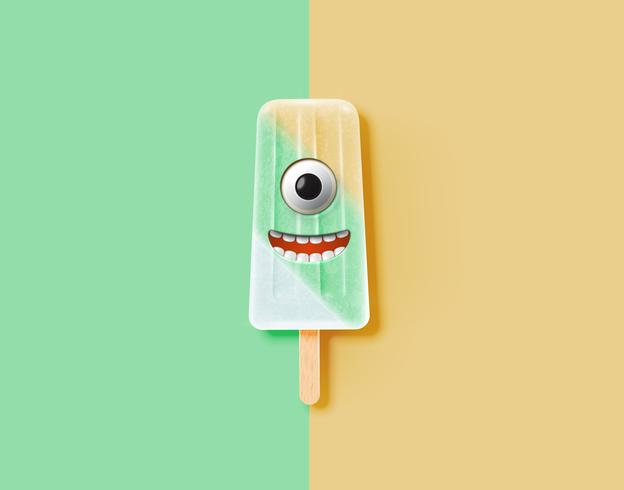 Emoticon divertente sull&#39;illustrazione realistica del gelato, illustrazione di vettore