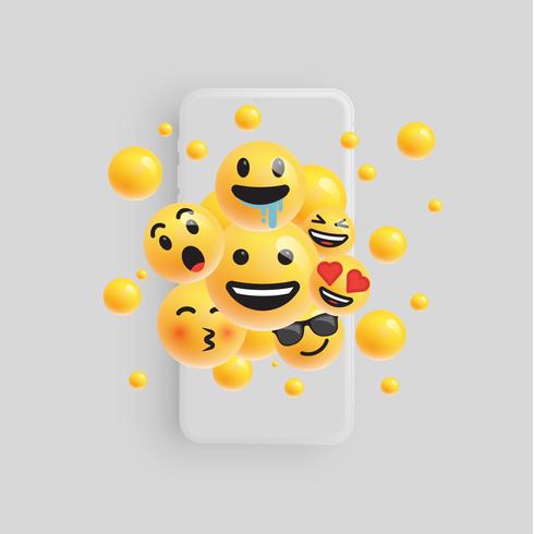 3D e diversi tipi di emoticon con smartphone opaco, illustartion vettore
