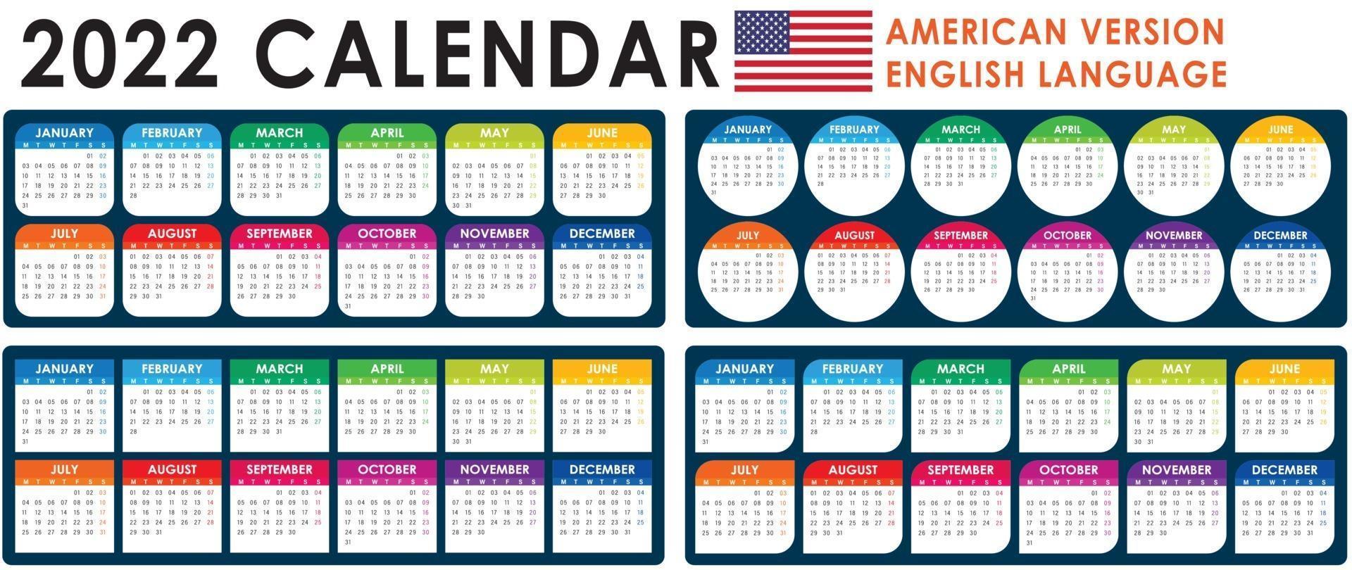 Vettore del calendario 2022, versione americana