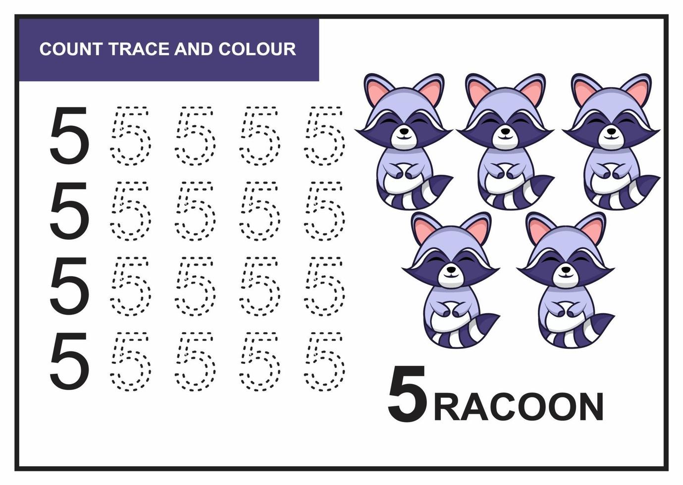 conta traccia e colora racoon numero 5 vettore