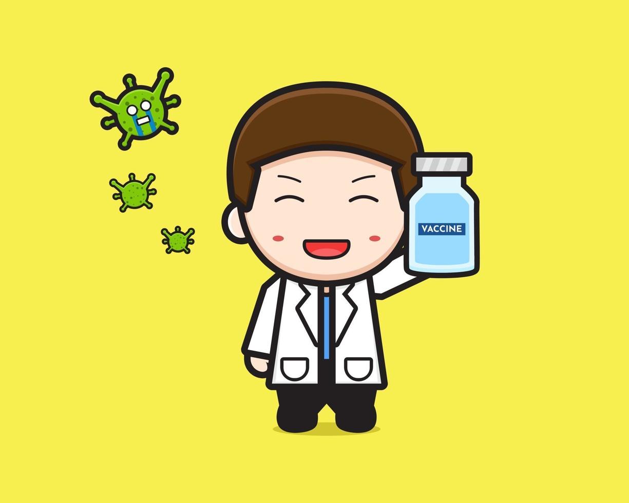 simpatico dottore che tiene in mano un'illustrazione dell'icona del fumetto del vaccino vettore
