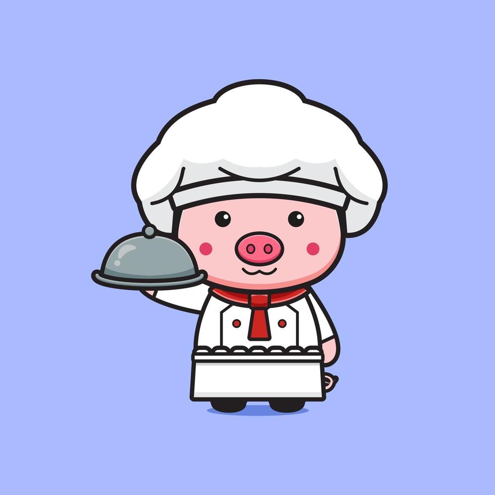 simpatico cuoco maiale che tiene piatto icona del fumetto illustrazione vettore