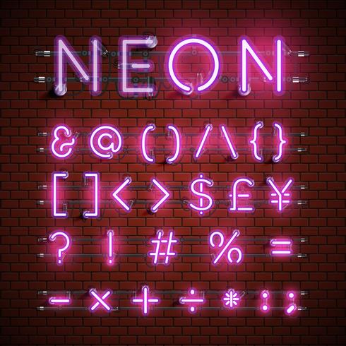 Alfabeto set di caratteri al neon dettagliate, illustrazione vettoriale