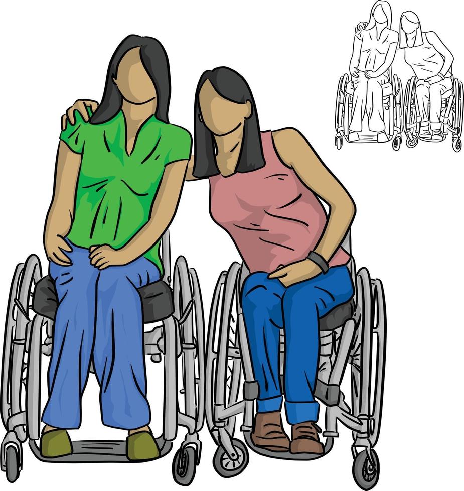 due donne disabili sedute su una sedia a rotelle vettore