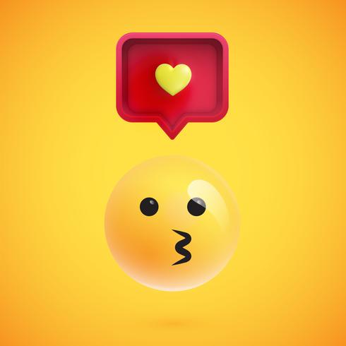 Emoticon divertente 3D con la bolla di discorso 3D e un cuore, illustrazione vettoriale