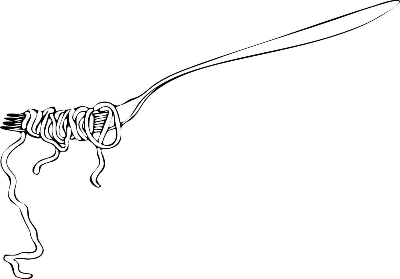 spaghetti di pasta su una forchetta. schizzo di disegno in bianco e nero a mano. vettore
