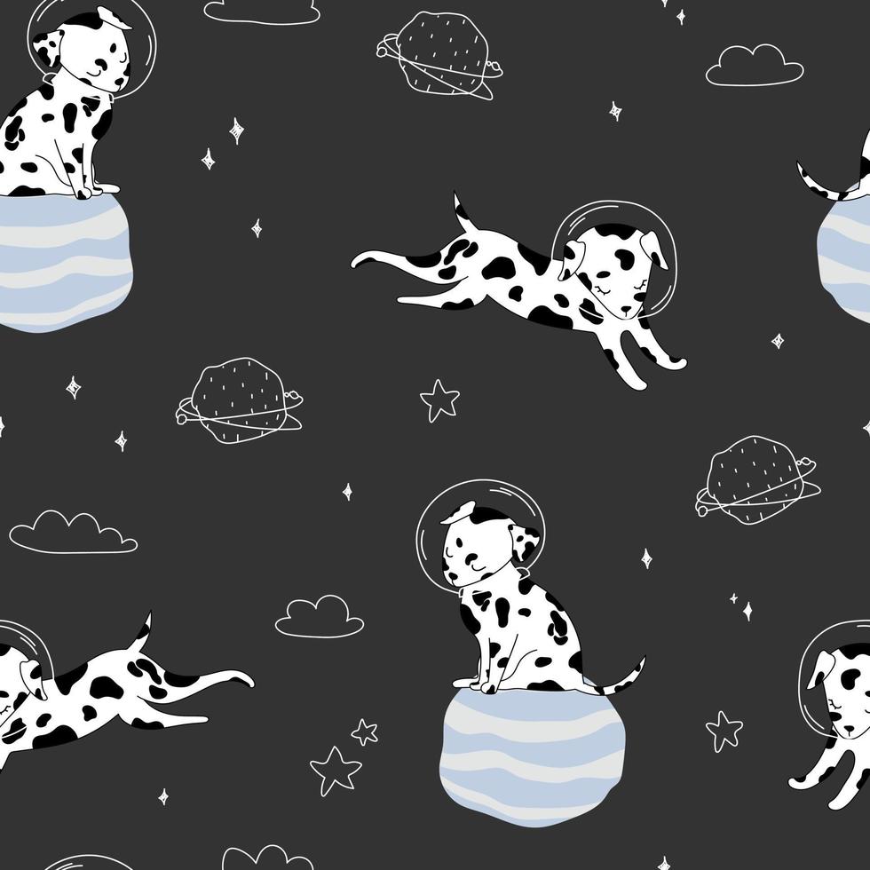 simpatici cani modello dalmati pianeti nuvole nello spazio cosmo nero pet vettore