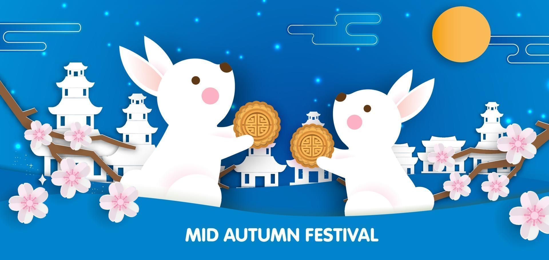 banner del festival di metà autunno con simpatici conigli in stile carta tagliata. vettore