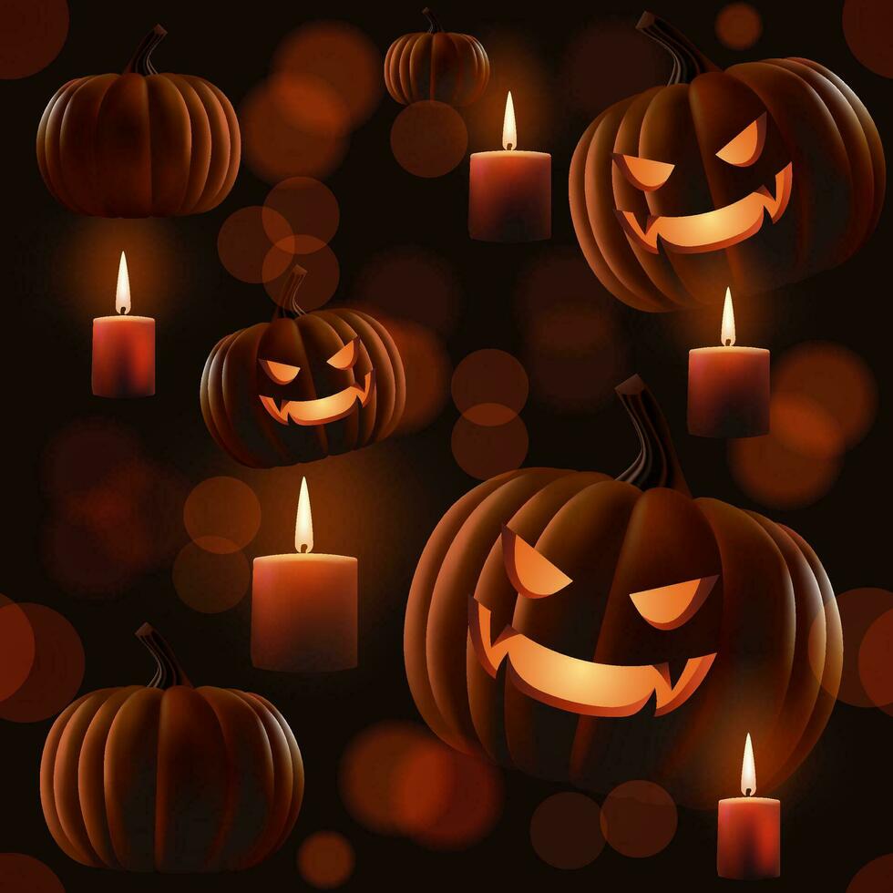 contento Halloween realistico vettore senza soluzione di continuità modello. un' spaventoso lume di candela scena con un' raggiante zucca lanterna, sfocato bokeh, Perfetto per vacanza decorazioni e sfondi. non ai generato.