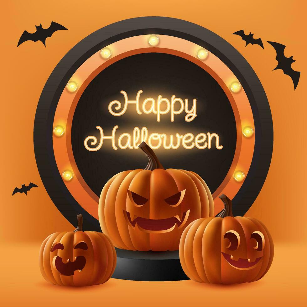 contento Halloween Prodotto presentazione 3d vettore illustrazione. con un' spaventoso palcoscenico con zucche, pipistrelli, e lanterne, è ideale per vacanza promozioni e i saldi. non ai