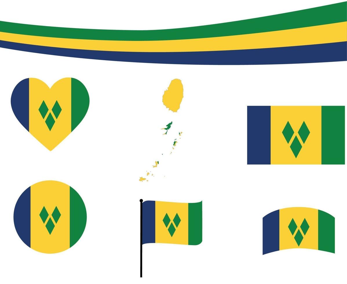 Saint Vincent e Grenadine bandiera mappa nastro cuore icone vettore