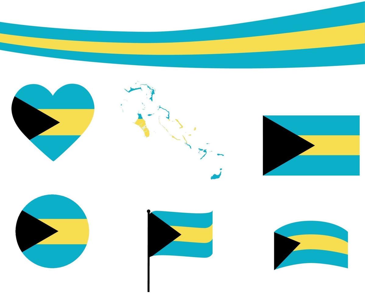 Bahamas bandiera mappa nastro e cuore icone illustrazione vettoriale abstract