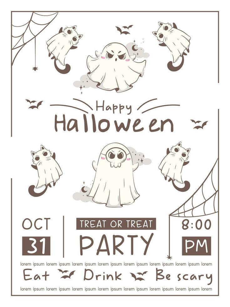 Halloween festa invito manifesto con carino kawaii fantasma. opuscolo con calligrafico testo. Halloween personaggio vettore illustrazione nel rosa retrò colori
