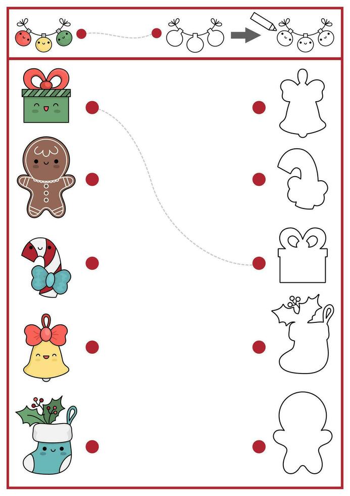 Natale forma corrispondenza, colorazione e disegno attività. inverno vacanza puzzle con carino kawaii Pan di zenzero, regalo. trova corretta silhouette stampabile foglio di lavoro. nuovo anno pagina per bambini vettore