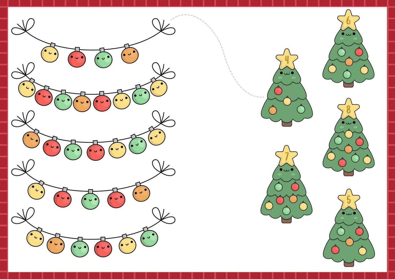 Natale accoppiamento gioco con carino kawaii abete albero, colorato palle. inverno vacanza matematica attività per prescolastico bambini. educativo stampabile nuovo anno conteggio foglio di lavoro con cartone animato personaggi vettore