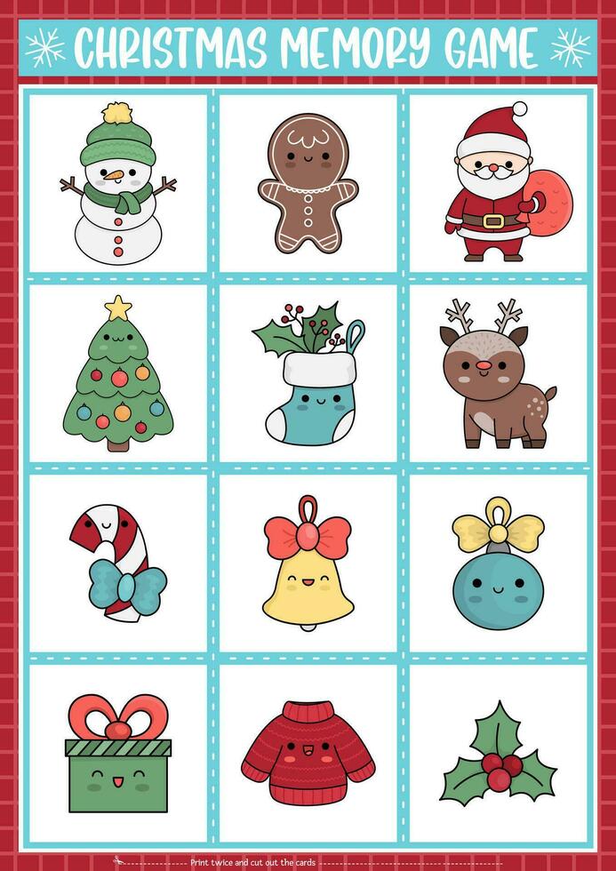 vettore Natale kawaii memoria gioco carte con carino tradizionale vacanza simboli. nuovo anno festa accoppiamento attività. ricorda e trova corretta carta. semplice inverno vacanza foglio di lavoro per bambini