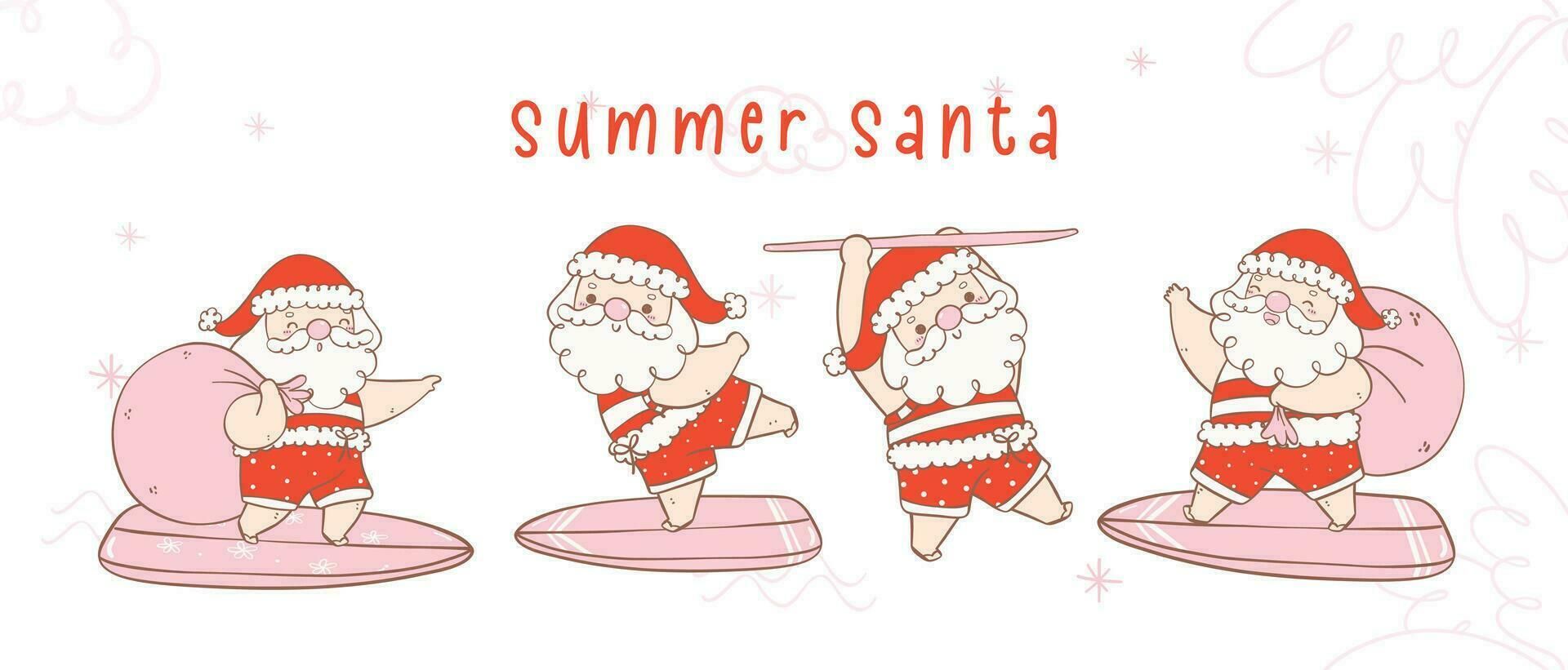 carino estate Natale Santa Claus con tavola da surf collezione, kawaii estate Natale vacanza cartone animato scarabocchio mano disegno bandiera vettore