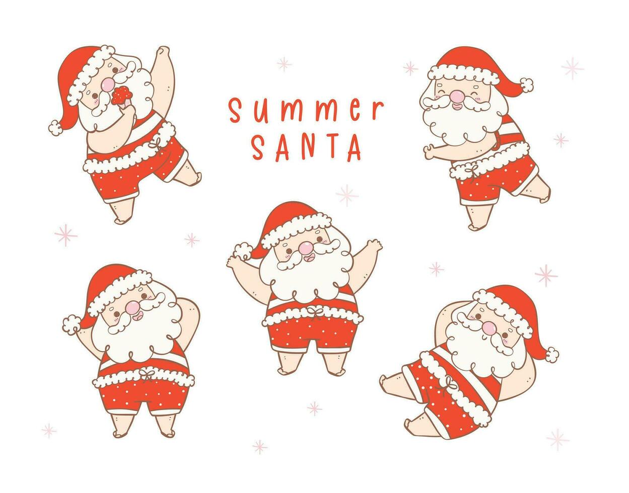 carino estate Natale Santa Claus collezione, kawaii estate Natale vacanza cartone animato scarabocchio. saluto carta. vettore