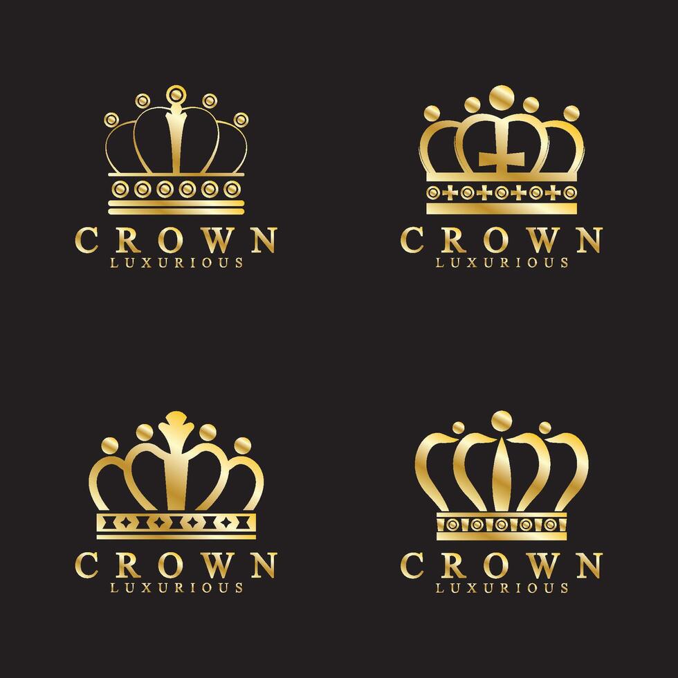 oro corona icone. Regina re d'oro corone lusso logo design vettore su nero sfondo