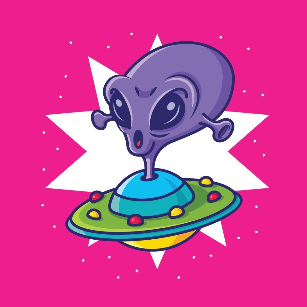 cartone animato carino alieno cavalcando un'astronave ufo nella galassia stellare vettore