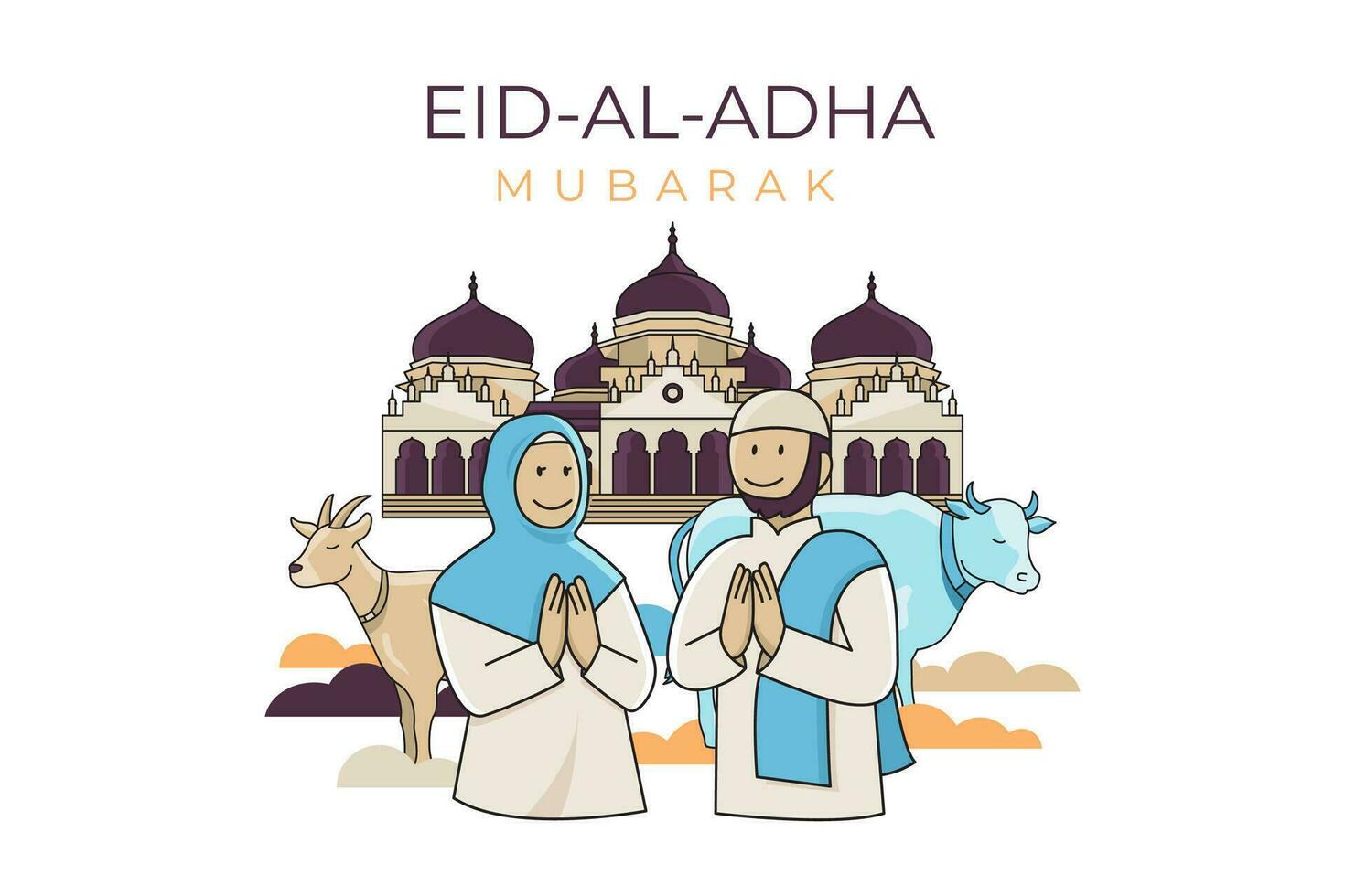 contento Eid-al-Adha mubarak con musulmano coppia su moschea sfondo vettore