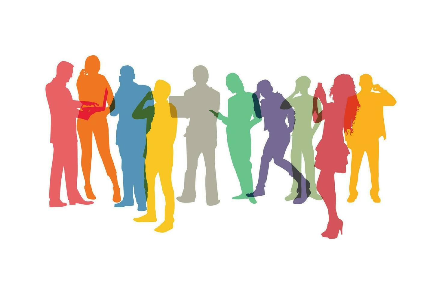 colori silhouette gruppo di uomini e donne chi uso smartphone e il computer portatile. comunicazione e tecnologia di diverso posa uomini e donne. vettore