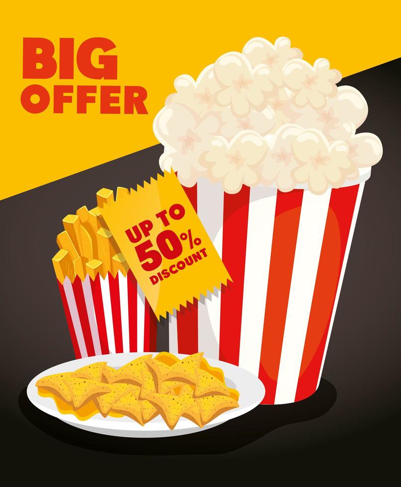 poster di grande offerta con popcorn e cibo delizioso vettore
