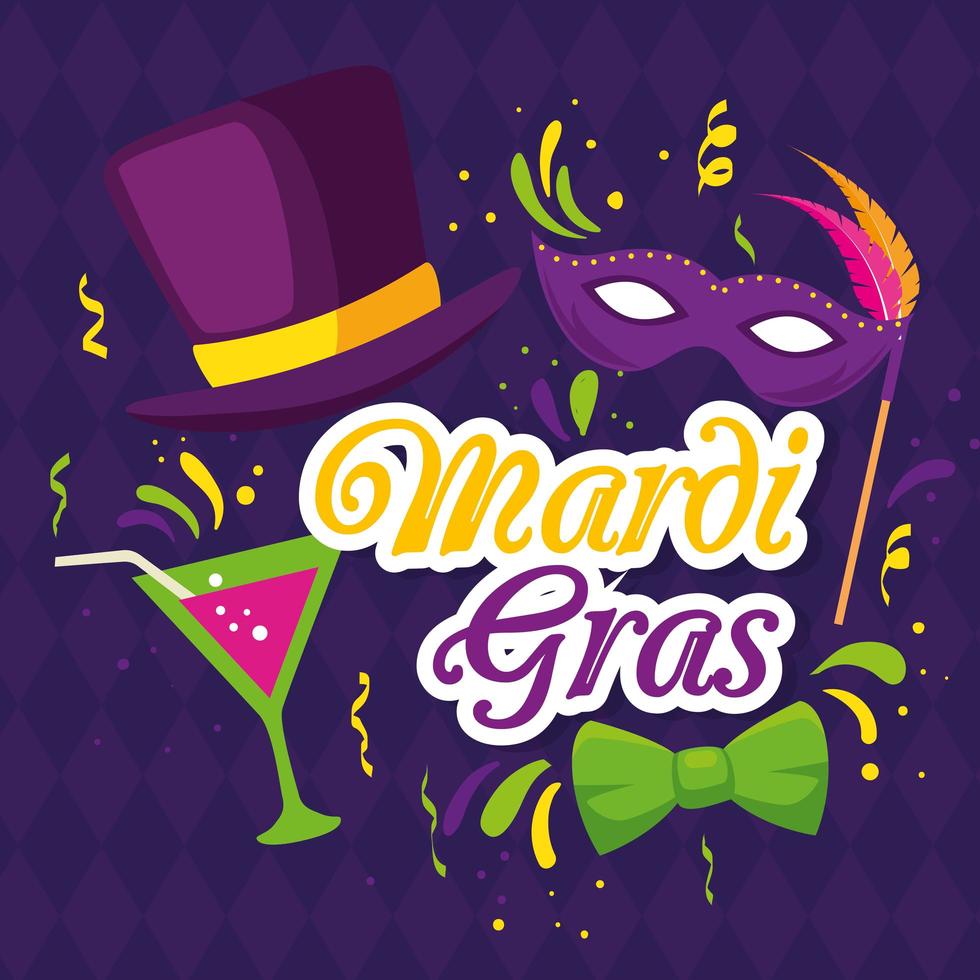 mardi gras maschera cappello e cocktail vector design