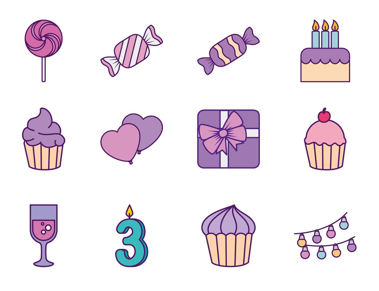 disegno vettoriale set di icone di buon compleanno