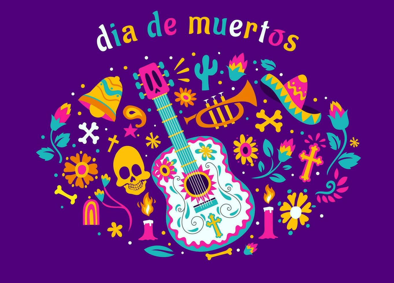 dia de los muertos vacanza manifesto design con chitarra e oggetto vettore